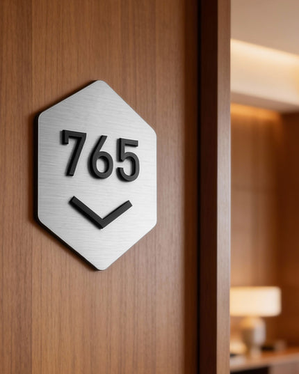 ALUMADESIGNCO Hexagon Design custom room number sign in brushed silver and black acrylic, modern door signage for hotels, apartments, Airbnb properties, and offices