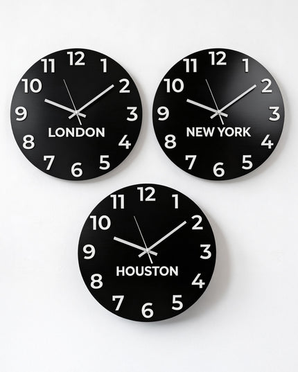ALUMADESIGNCO custom time zone wall clock with multiple city labels, premium wall décor for offices, hotels, conference rooms, and interior design projects