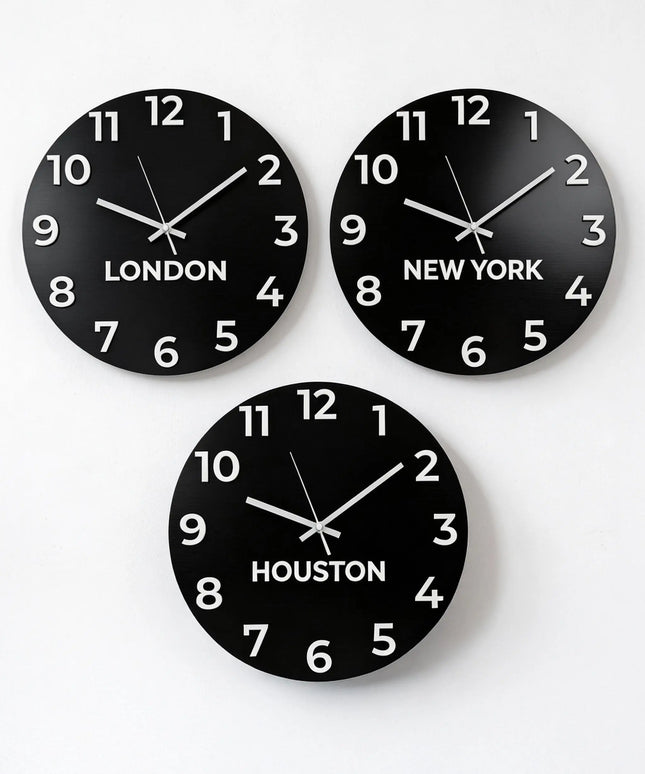 Moderne Weltzeituhr-Wanduhr mit individuell wählbaren Städten