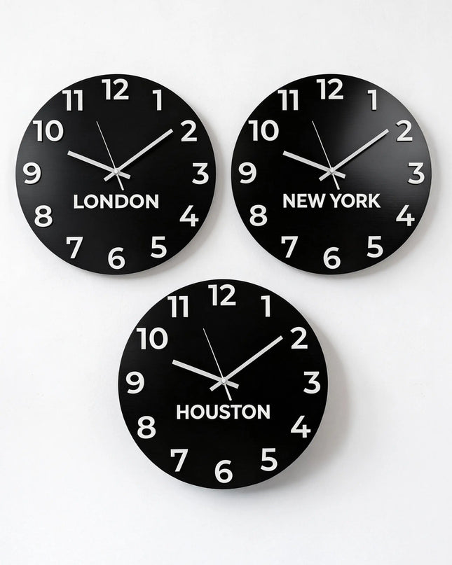 ALUMADESIGNCO custom time zone wall clock with multiple city labels, premium wall décor for offices, hotels, conference rooms, and interior design projects