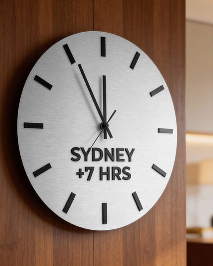 Brushed silver world clock with custom city name plates by ALUMADESIGNCO, premium time zone wall décor for offices, studios, hotels, and corporate interiors