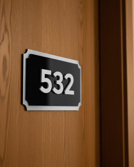 Retro Room Number Sign - 3D Layered Brushed Silver & Acrylic Glass - ALUMADESIGNCO Door Signs - Custom Door Signs For Business & Office