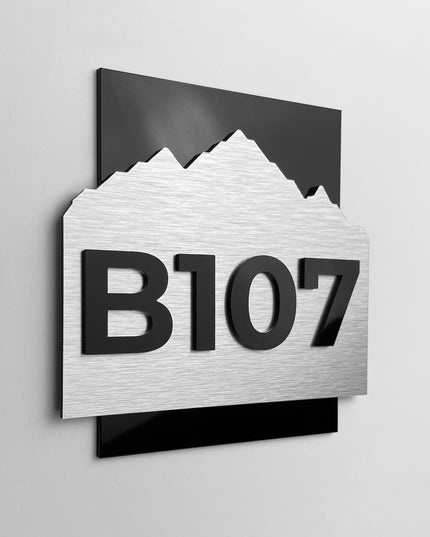 3D layered hotel room number sign Alpine Design by ALUMADESIGNCO featuring wood and acrylic layers, modern door plaque for hotel corridors and apartment interiors
