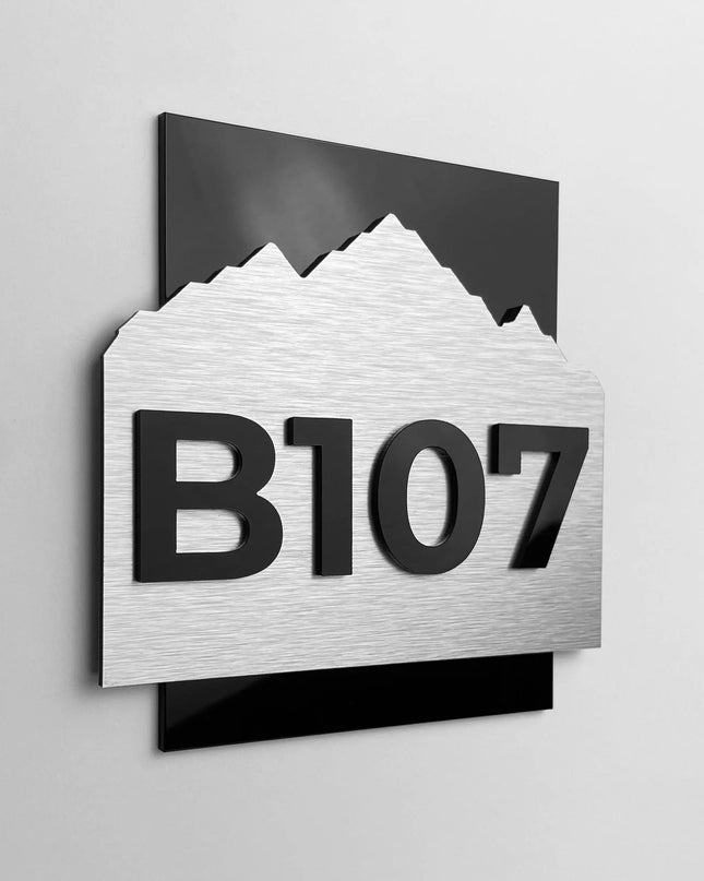 3D layered hotel room number sign Alpine Design by ALUMADESIGNCO featuring wood and acrylic layers, modern door plaque for hotel corridors and apartment interiors