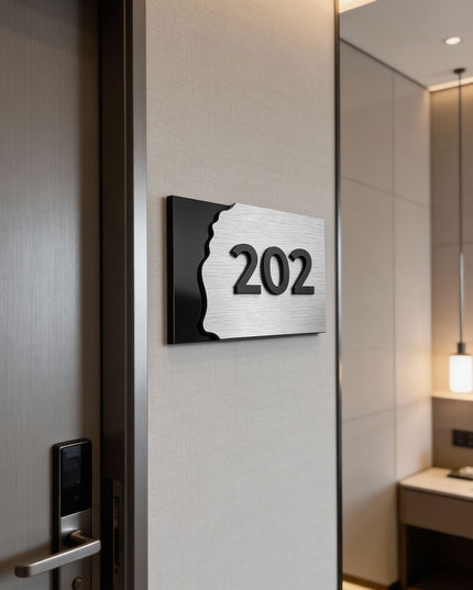 Modern brushed silver and acrylic hotel room number sign by ALUMADESIGNCO, stylish door plaque for hotel corridors, apartments, and contemporary interiors