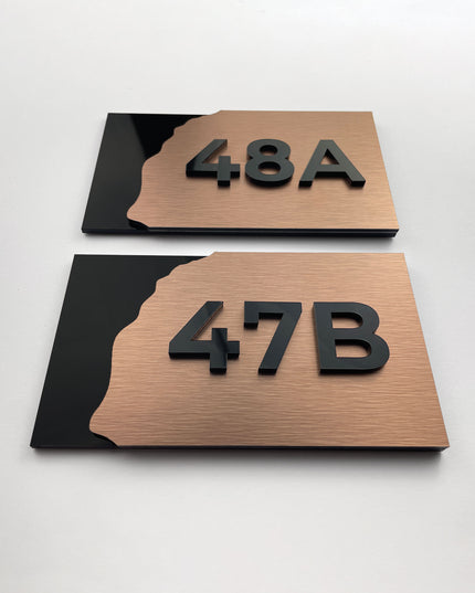 Modern Fusion Design room number sign by ALUMADESIGNCO combining wood base and acrylic numbers, elegant door signage for interior spaces