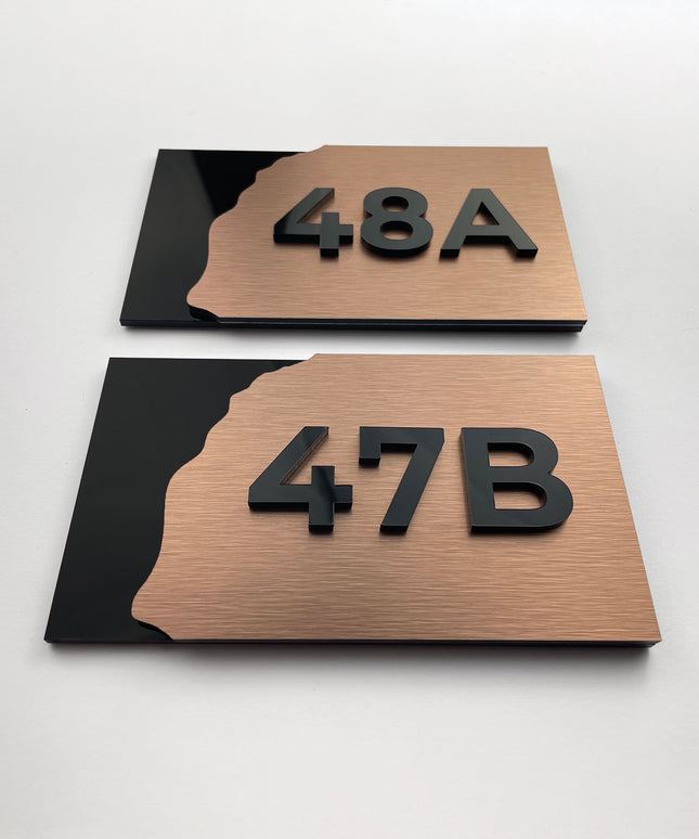Modern Fusion Design room number sign by ALUMADESIGNCO combining wood base and acrylic numbers, elegant door signage for interior spaces