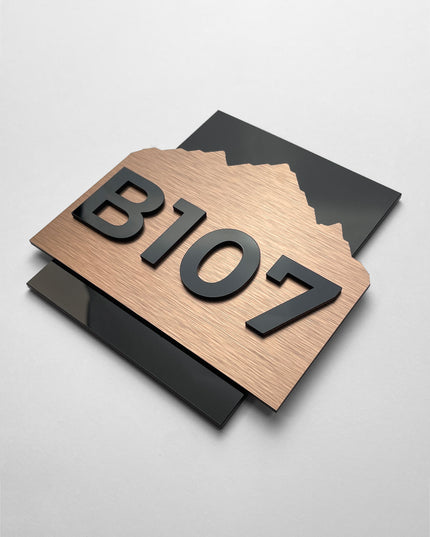 ALUMADESIGNCO Alpine bronze hotel room number sign with acrylic numbers, premium signage for hospitality interiors, Airbnb properties, and office spaces