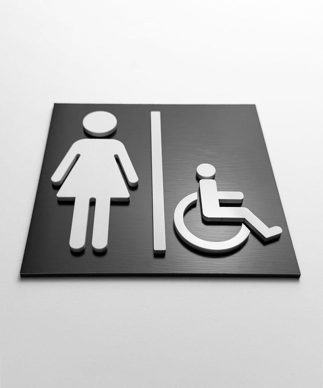 Women’s and handicap restroom sign by ALUMADESIGNCO, modern accessible toilet door plaque for hotels, offices, restaurants, and public interior spaces