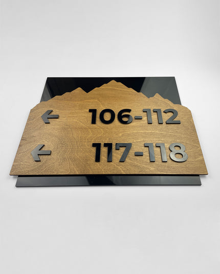 ALUMADESIGNCO birch wood and black acrylic directional plaque in Alpine Design with minimalist modern style, elegant signage for offices, apartments, hotels, and commercial buildings