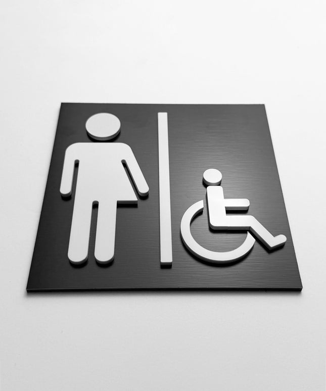 ALUMADESIGNCO all gender restroom sign with minimalist design, stylish bathroom signage for offices, hospitality spaces, and commercial buildings