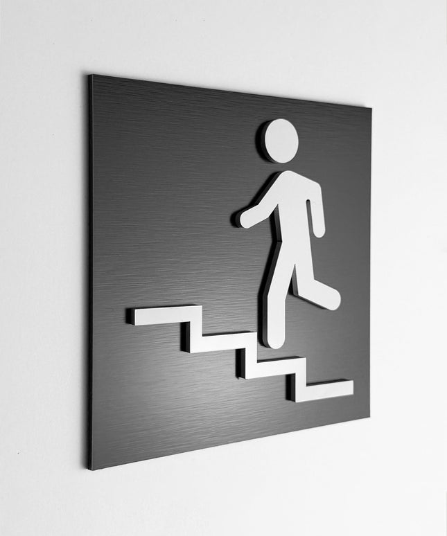 ALUMADESIGNCO staircase direction sign with up left arrow and minimalist design, premium wayfinding signage for hotels, offices, and commercial buildings