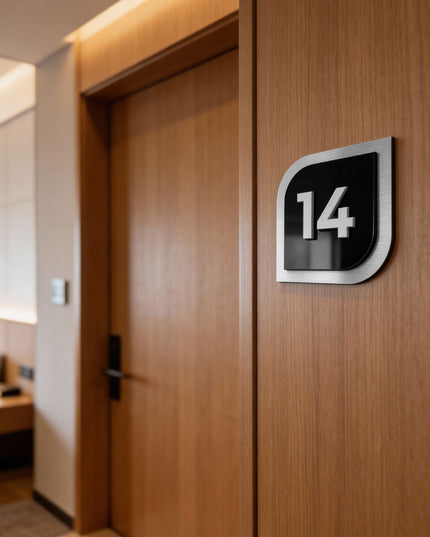 Premium 3D door number plate for hotel design by ALUMADESIGNCO featuring acrylic numbers, modern signage for hotels, Airbnb properties, and offices