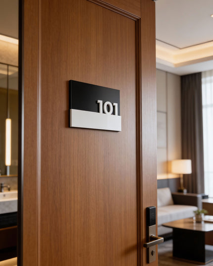 ALUMADESIGNCO elegant black room number sign with minimalist modern design, premium door signage for boutique hotels and apartment buildings