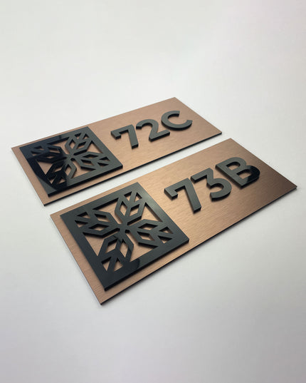 ALUMADESIGNCO premium Mosaic bronze room number sign with minimalist modern style, elegant signage for boutique hotels and apartment buildings