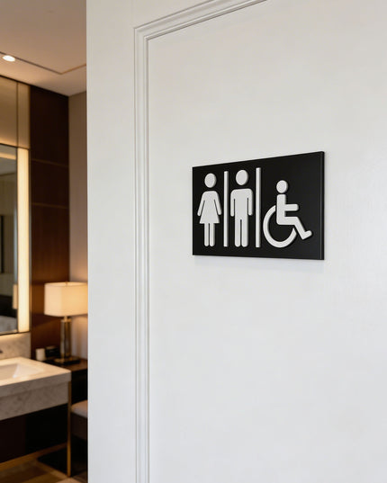 ALUMADESIGNCO all gender toilet sign for doors, premium inclusive restroom wayfinding signage for offices, hotels, apartments, and commercial spaces