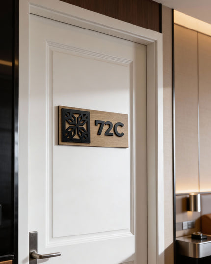 Modern custom room number sign by ALUMADESIGNCO combining wood and acrylic numbers, elegant door signage for hotel corridors and apartment buildings