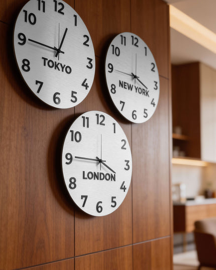 ALUMADESIGNCO elegant wall clock with international time zones and multiple world city displays, premium décor for offices, hotels, apartments, and modern interiors