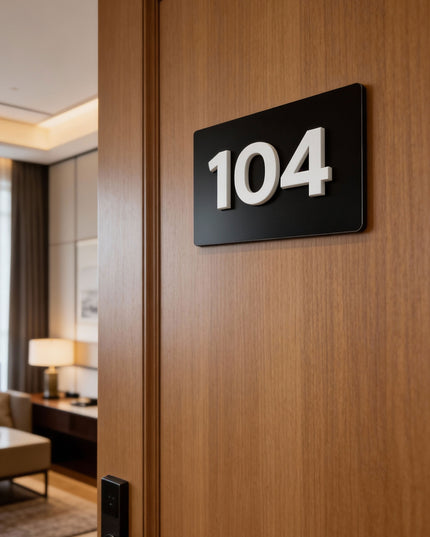 Modern custom room number sign by ALUMADESIGNCO combining black metal panel and white acrylic numbers, stylish door signage for hotels and apartments