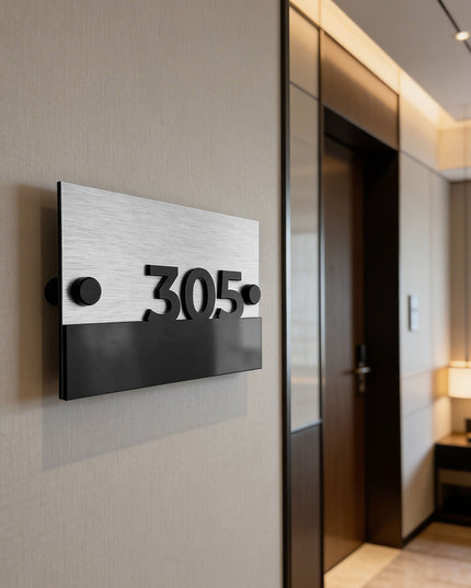 ALUMADESIGNCO Horizon Design brushed silver wall number sign with raised 3D acrylic numbers and standoff mounting hardware, modern hotel and apartment unit signage