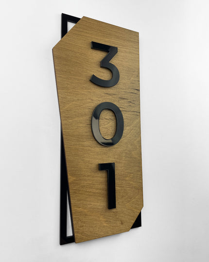 Classic vertical hotel room number sign by ALUMADESIGNCO crafted from birch plywood with raised black acrylic numbers, modern Scandinavian door plaque for hotels and apartment buildings