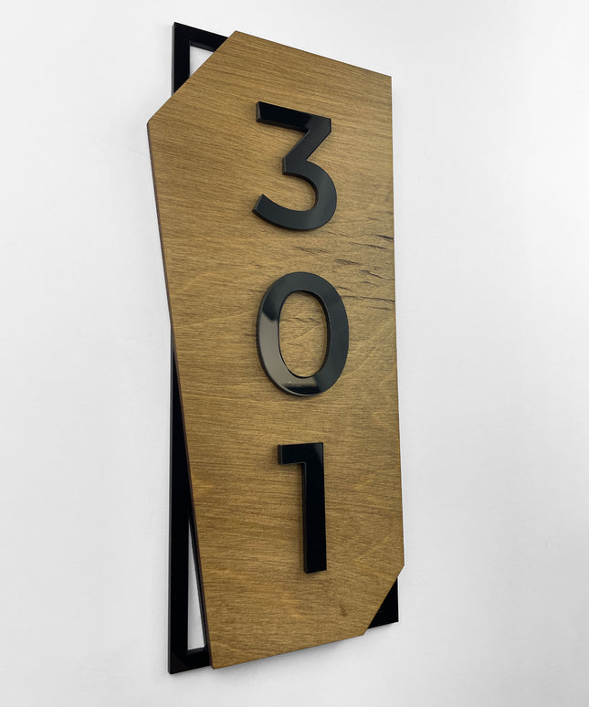 Classic vertical hotel room number sign by ALUMADESIGNCO crafted from birch plywood with raised black acrylic numbers, modern Scandinavian door plaque for hotels and apartment buildings