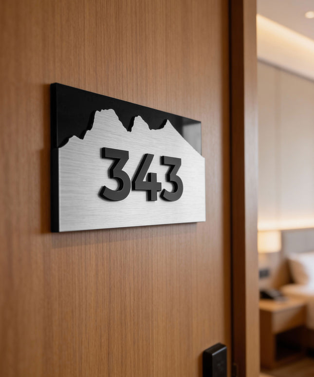 ALUMADESIGNCO elegant Alpine layered room number sign with 3D acrylic numbers, modern hotel door signage for boutique hotels and apartment buildings