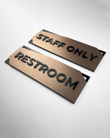 Modern 3D layered office door sign by ALUMADESIGNCO combining bronze metal panel and acrylic lettering, stylish signage for offices and interior spaces