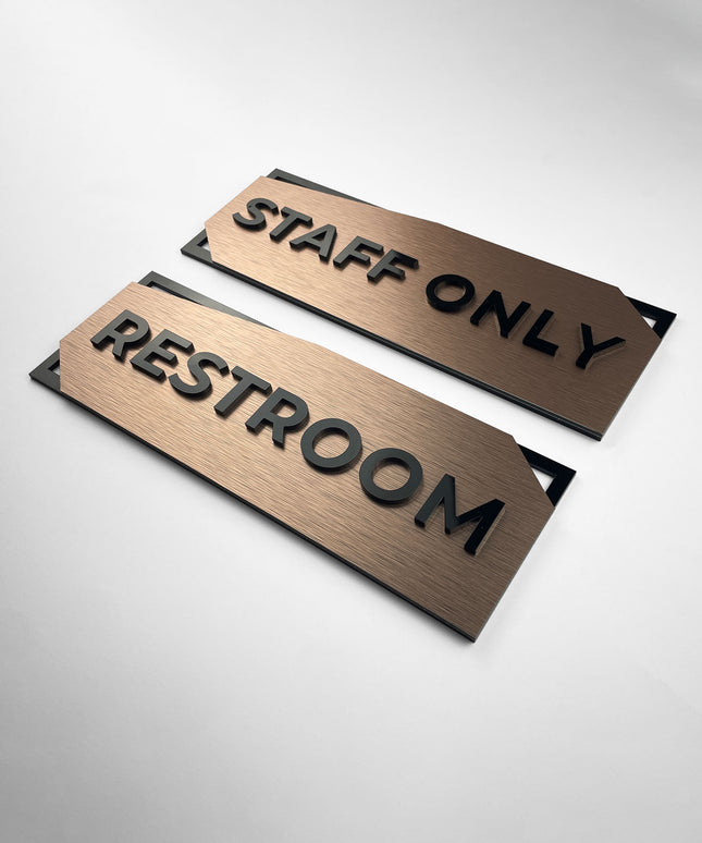 Modern 3D layered office door sign by ALUMADESIGNCO combining bronze metal panel and acrylic lettering, stylish signage for offices and interior spaces