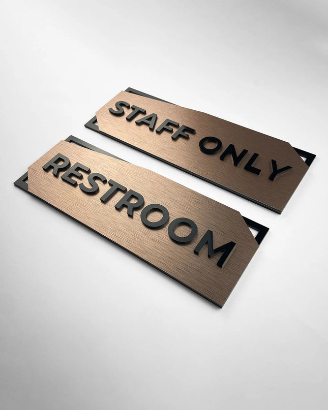 Modern 3D layered office door sign by ALUMADESIGNCO combining bronze metal panel and acrylic lettering, stylish signage for offices and interior spaces