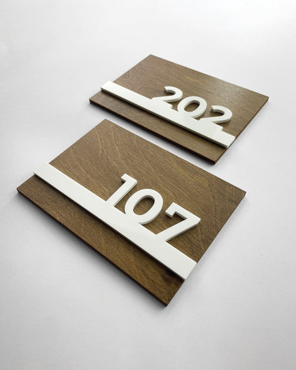 ALUMADESIGNCO Horizon Design wooden room number sign with raised glossy white acrylic numbers, modern door signage for hotels, apartments, and office interiors