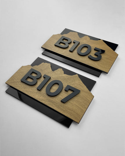 Premium Alpine Design hotel room number sign by ALUMADESIGNCO featuring birch plywood and acrylic glass numbers, stylish door plaque for hotels and Airbnb properties