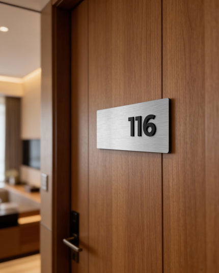 ALUMADESIGNCO Classic Design apartment room number sign with minimalist modern style, premium door signage for apartments, Airbnb properties, and offices