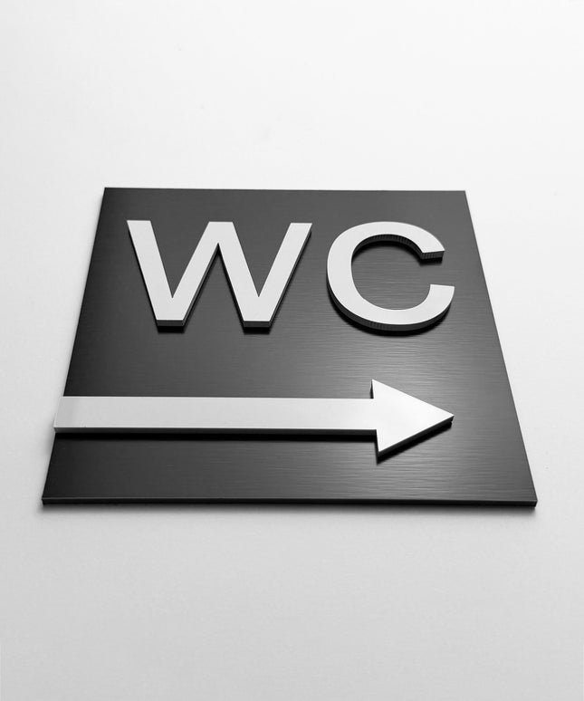 WC arrow right sign by ALUMADESIGNCO, stylish toilet direction plaque for hotels, offices, restaurants, and public interior spaces