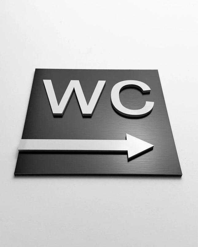 WC arrow right sign by ALUMADESIGNCO, stylish toilet direction plaque for hotels, offices, restaurants, and public interior spaces