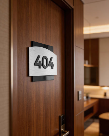 ALUMADESIGNCO brushed silver and acrylic Flow Design door number sign with minimalist modern design, premium plaque for hotel rooms and apartment doors