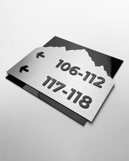 ALUMADESIGNCO brushed silver and black acrylic directional plaque in Alpine Design with minimalist modern style, elegant signage for offices, apartments, hotels, and commercial buildings