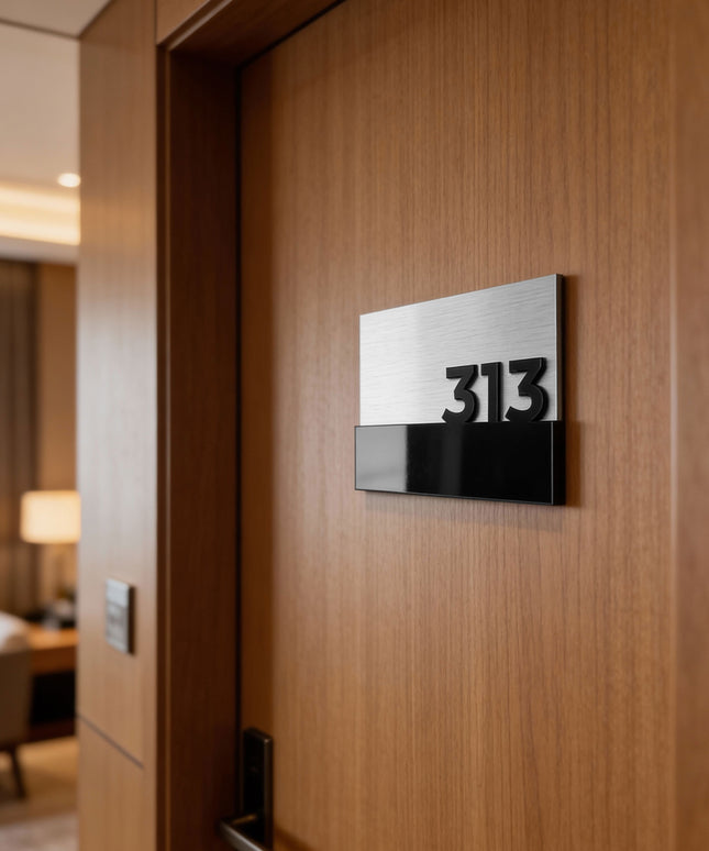 ALUMADESIGNCO elegant hotel room number sign with silver metal plaque and black acrylic numbers, modern door signage for hotels, apartments, Airbnb properties, and offices