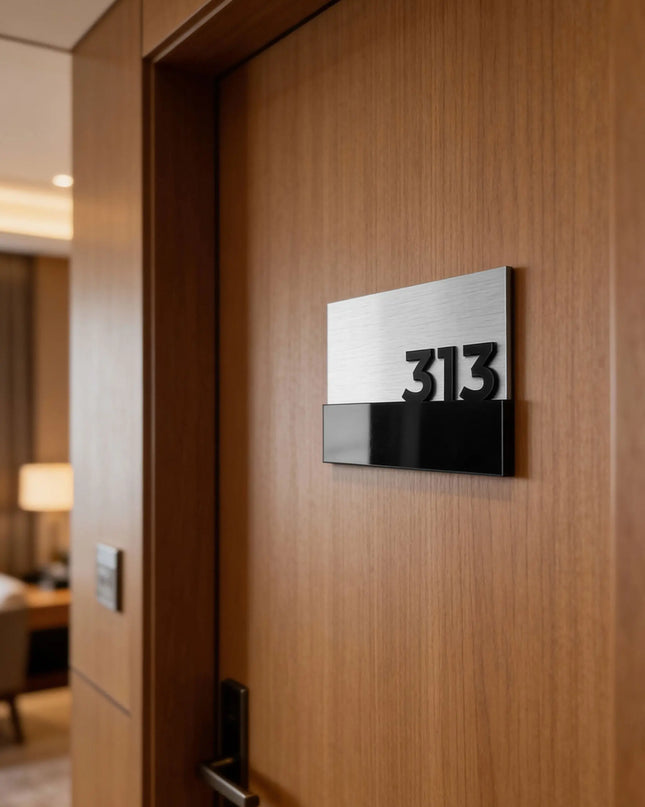 ALUMADESIGNCO elegant hotel room number sign with silver metal plaque and black acrylic numbers, modern door signage for hotels, apartments, Airbnb properties, and offices