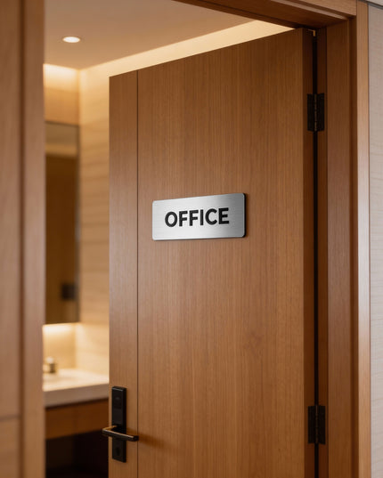 ALUMADESIGNCO luxury custom door sign with silver metal plaque and black acrylic lettering, premium office signage for offices, hotels, apartments, and modern interiors