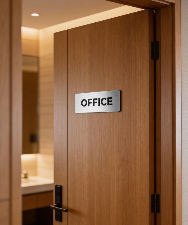 ALUMADESIGNCO luxury custom door sign with silver metal plaque and black acrylic lettering, premium office signage for offices, hotels, apartments, and modern interiors