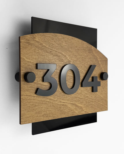 Modern wood and acrylic standoff room number sign Flow Design by ALUMADESIGNCO with raised acrylic numbers for hotel rooms and apartment doors