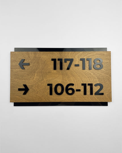 ALUMADESIGNCO birch wood wayfinding sign with elegant modern style, directional signage for offices, hotels, apartments, and interior spaces