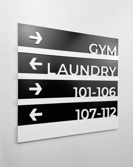 Wayfinding sign wall plaque in Modern Design by ALUMADESIGNCO, stylish directional signage for offices, hotels, corridors, and modern interior spaces