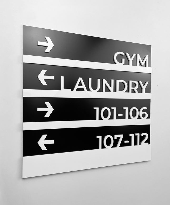 Wayfinding sign wall plaque in Modern Design by ALUMADESIGNCO, stylish directional signage for offices, hotels, corridors, and modern interior spaces