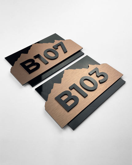 ALUMADESIGNCO Alpine bronze room number plaque with raised acrylic numbers, elegant modern signage for hotels, apartments, and office interiors