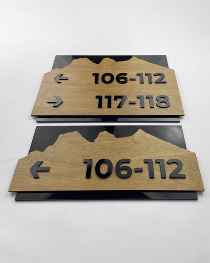 Custom birch wood and black acrylic directional sign Alpine Design by ALUMADESIGNCO, elegant wayfinding plaque for offices, hotels, corridors, and modern interior spaces