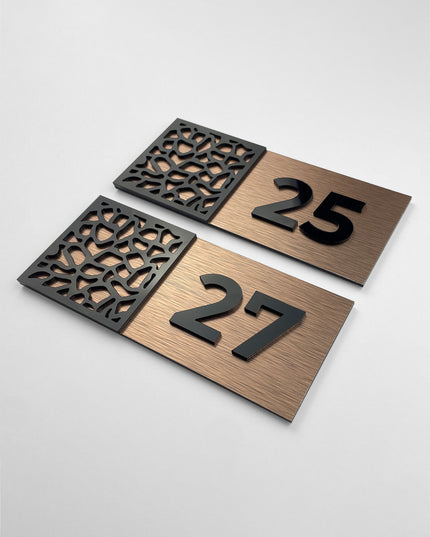 ALUMADESIGNCO brushed bronze door number plaque with acrylic glass numbers, modern signage for hotels, offices, and residential interiors