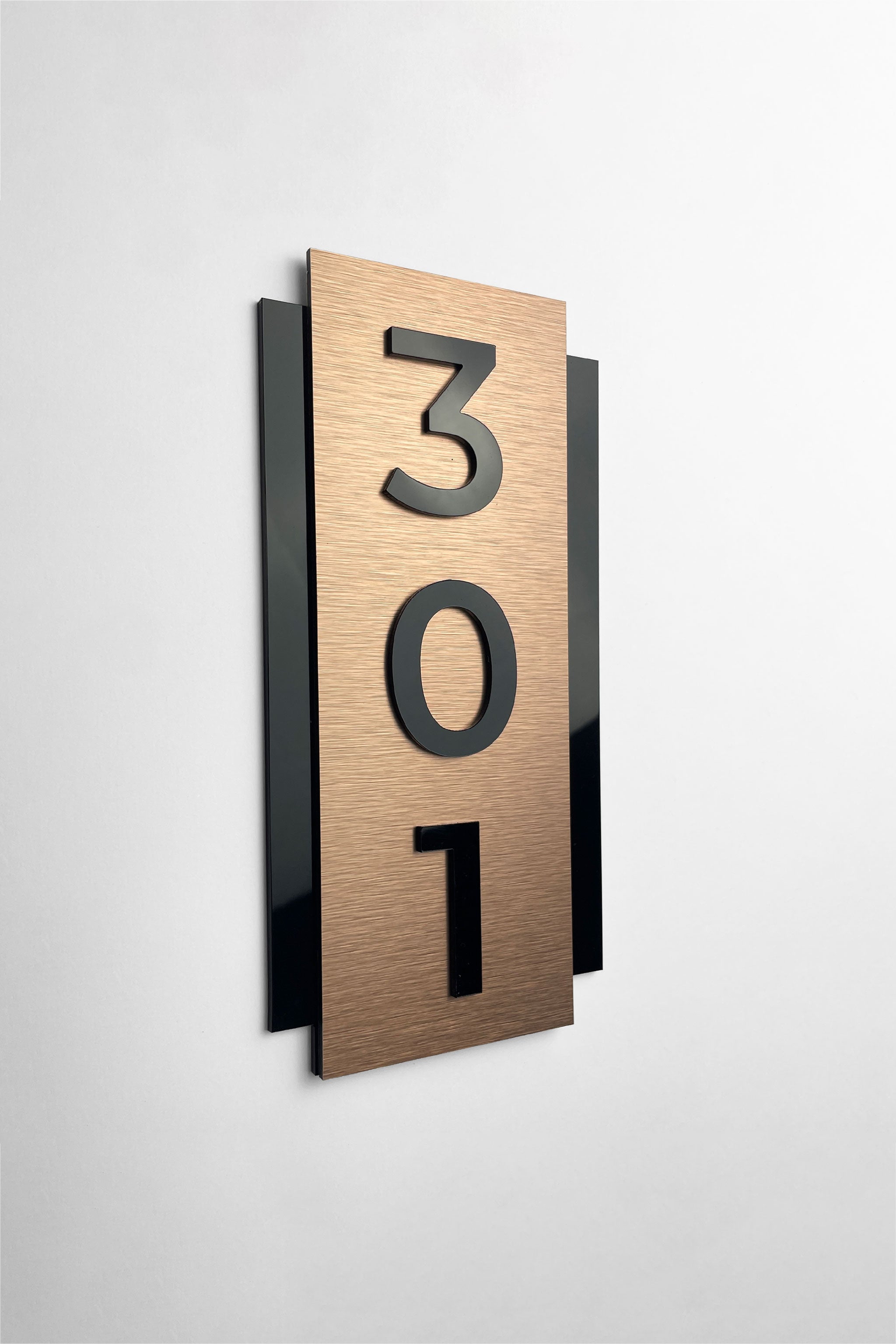 ALUMADESIGNCO brushed bronze and acrylic glass vertical room number sign with minimalist modern design, elegant hotel door number plaque for boutique hotels and offices