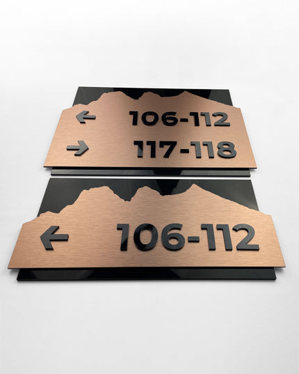 ALUMADESIGNCO brushed bronze and acrylic directional plaque in Alpine Design with minimalist modern style, elegant signage for offices, apartments, hotels, and commercial buildings